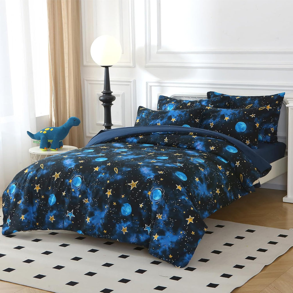 Glow in The Dark Kids Comforter Set, 3 Pieces Blue Space Bedding Set Twin for Boys Girls Teen, 1 Comforter, 1 - Set of 3