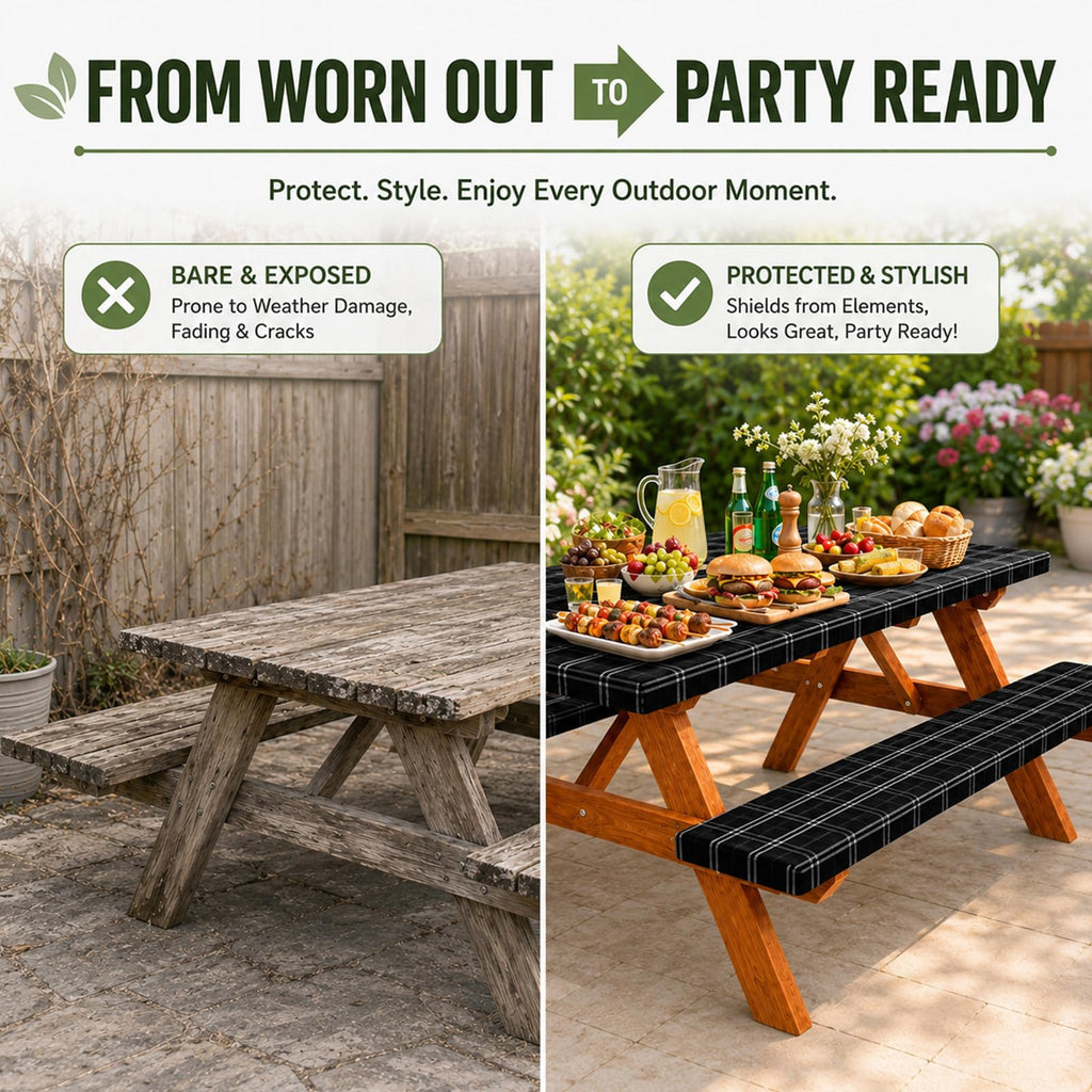 Picnic Table Cover with Bench Covers, Waterproof Elastic Corner Fitted Tablecloth for 6 Foot Rectangle Tables