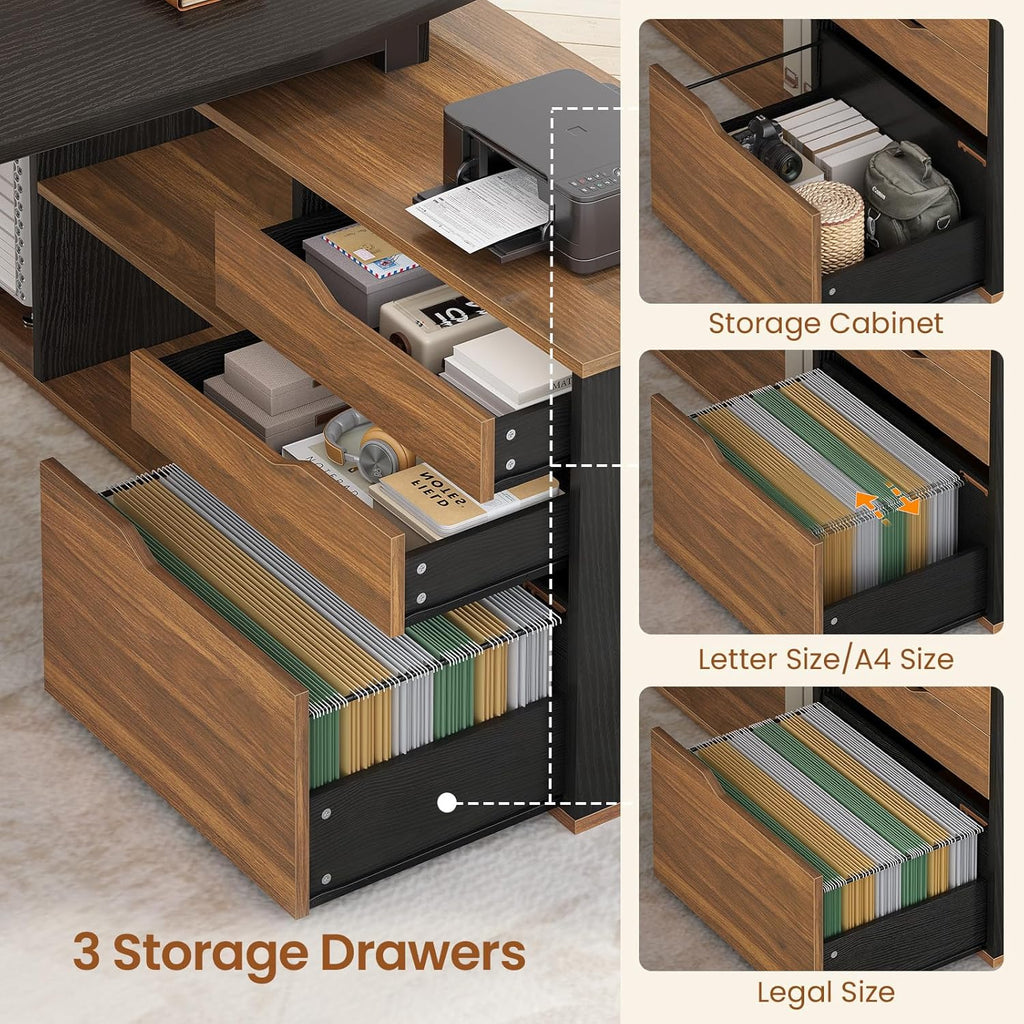 71" Executive Desk with File Cabinet, Large Office Desk with Drawers and Shelves