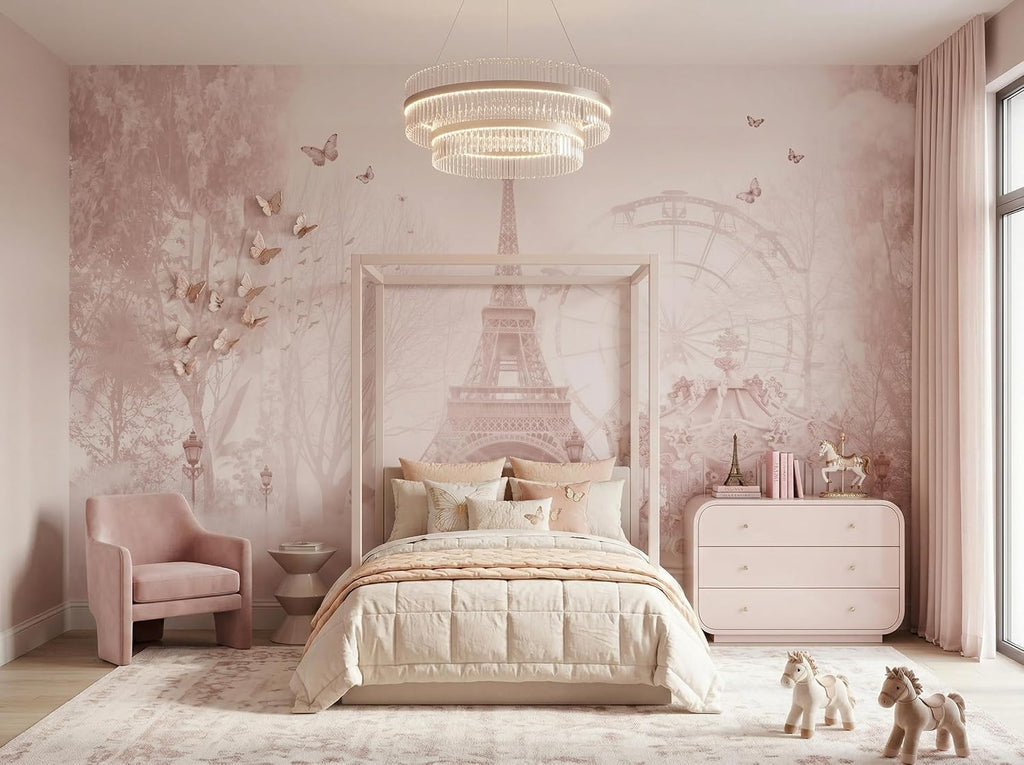 Girls Nursery Wall Murals: Pink Paris & Eiffel Tower Wallpaper | Parisian Carousel Theme, Peel & Stick or