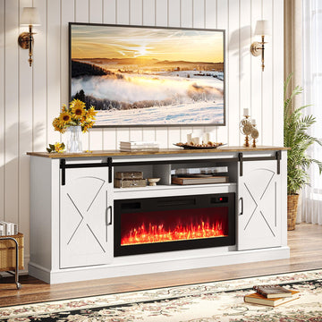 70" Fireplace TV Stand with Sliding Barn Door, Distressed White