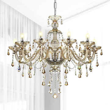 10-Light Crystal Chandelier Cognac/Champagne Modern Chandelier K9 Crystal Candle Pendant Ceiling Lighting Fixture, Chandeliers for Dining Room Home DŽcor