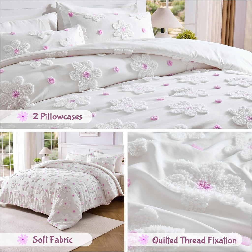 Comforter Set for Girls 3 Pieces Soft Pink Tufted Daisies Flowers Bedding Set Bed in A Bag Cute Floral Comforter