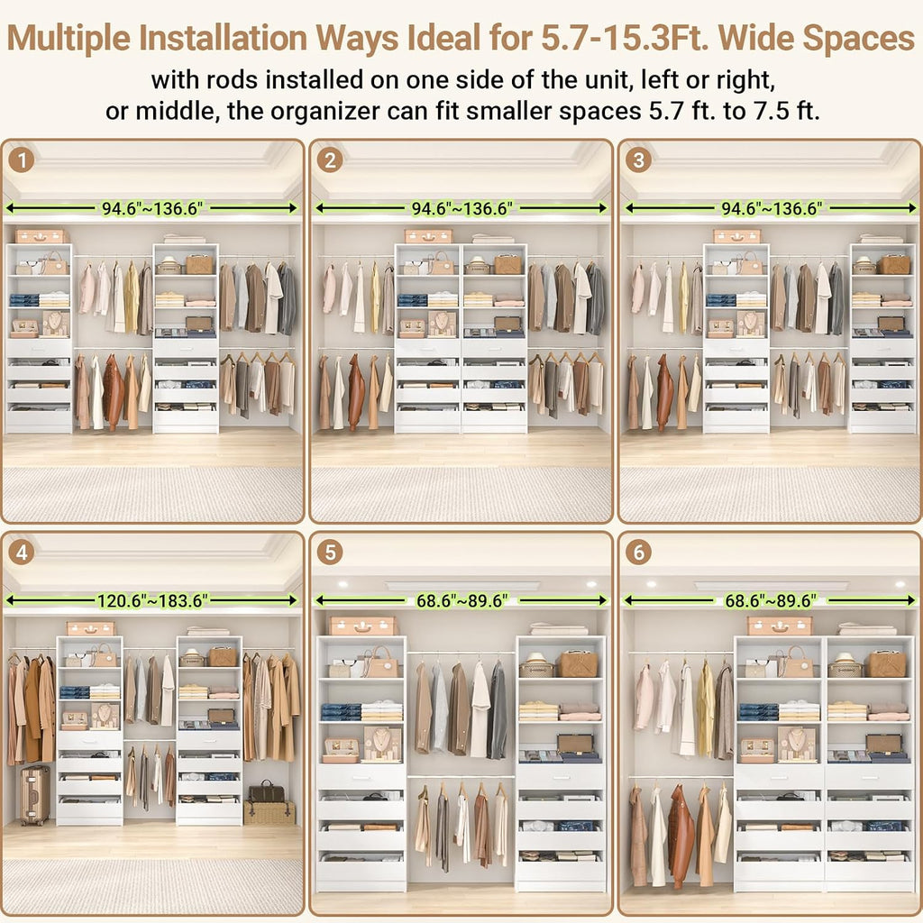 Closet System, 6-15Ft Closet Organizer with 8 Wooden Drawers, Wood Closet Organizer System with Tower, Walk-in Closet