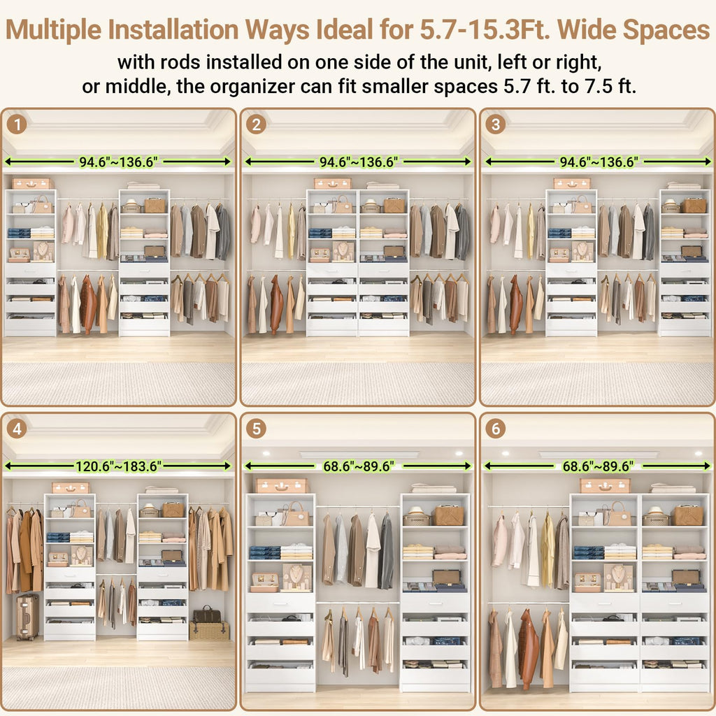 Closet System, 6-15Ft Custom Wood Closet Organizer with 8 Drawers