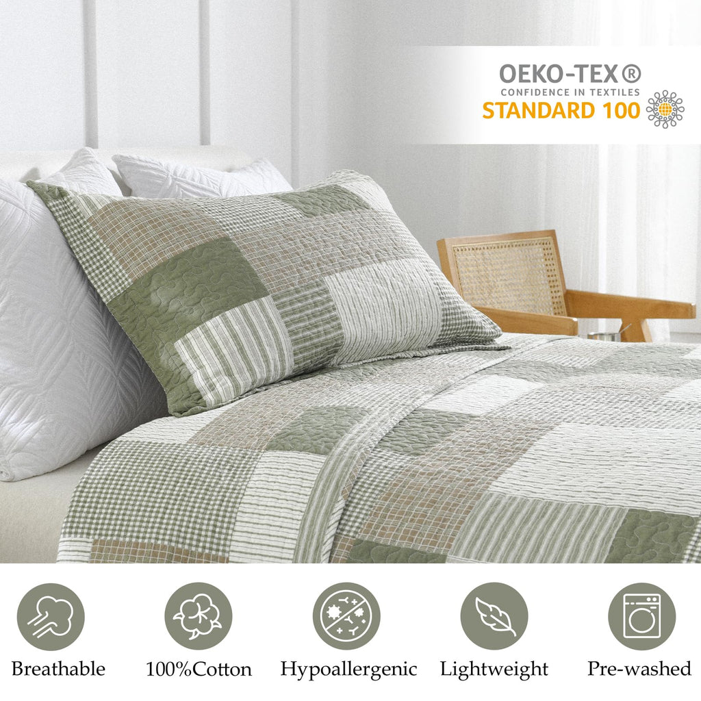 Quilt Set, 100% Cotton Comforter Set, Farmhouse Patchwork Quilt Bedding Set, Plaid Lightweight