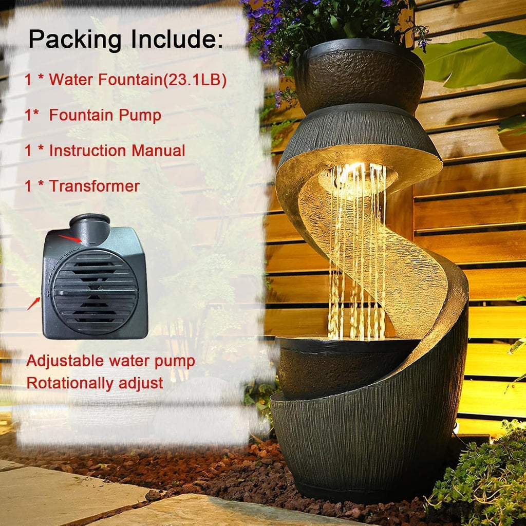 31.9" S-Shaped Water Outdoor Fountain - Modern Cascading Waterfall Feature with LED Lights & Planter Bowl