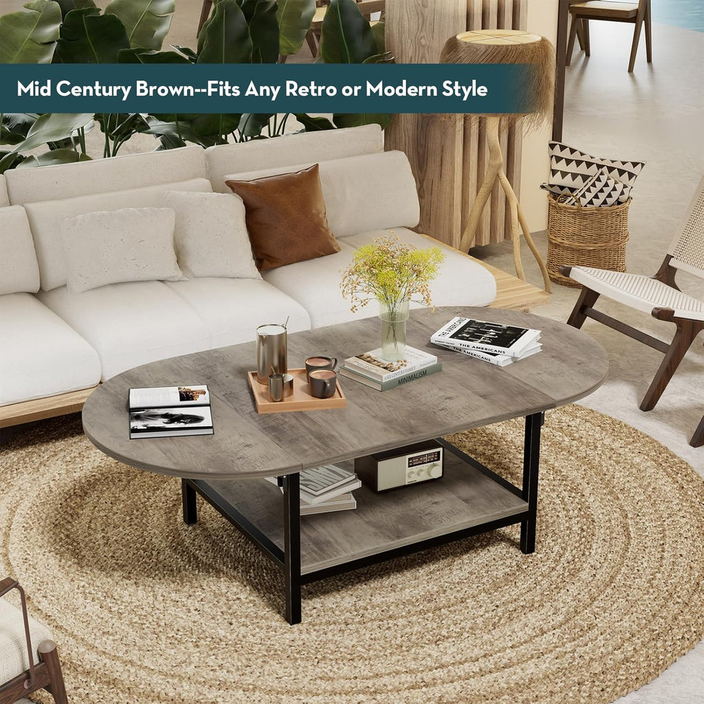 Folding Coffee Tables 2-Tier Extended Coffee Table with Storage Vintage Farmhouse Center Table for Large or Small