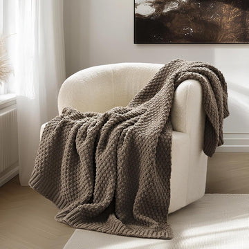 Chunky Chenille Knit Throw Blanket, Soft Luxurious Moss Stitch Blankets, Cozy Decorative Farmhouse Knitted Throws