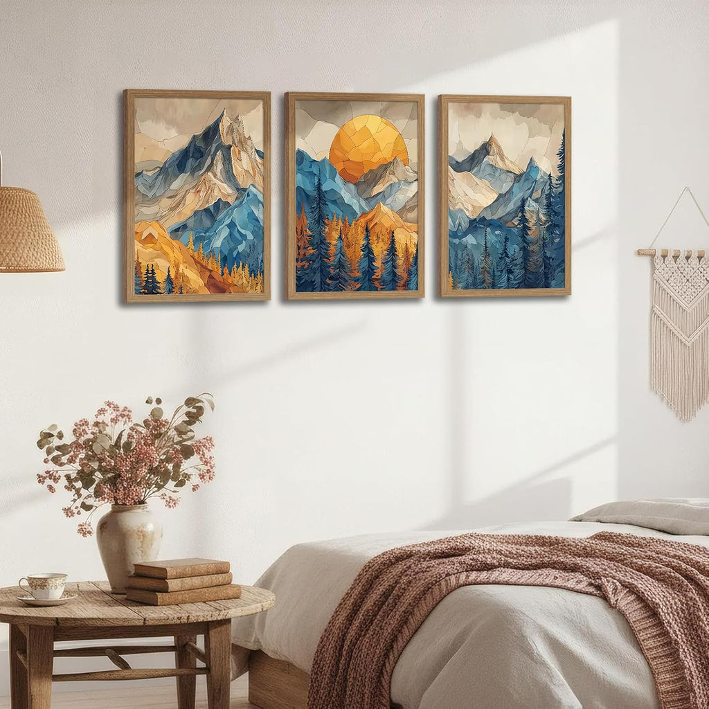 Mountain Wall Art Set of 3 Framed, Abstract Landscape Canvas Prints with Sunset Forest, Boho Nordic Nature Wall Decor