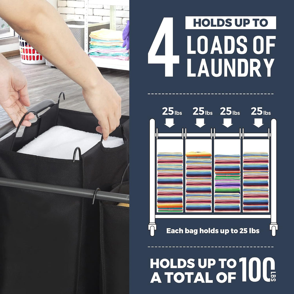 Laundry Sorter 4 Section, 4 Bag Clothes Hamper, Rolling Laundry Cart Basket with Heavy Duty Lockable Wheels and