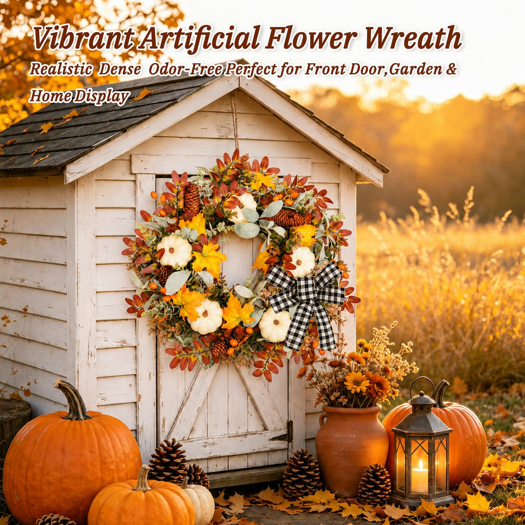 22 Inch Fall Wreath for Front Door with Artificial Pumpkin Bow