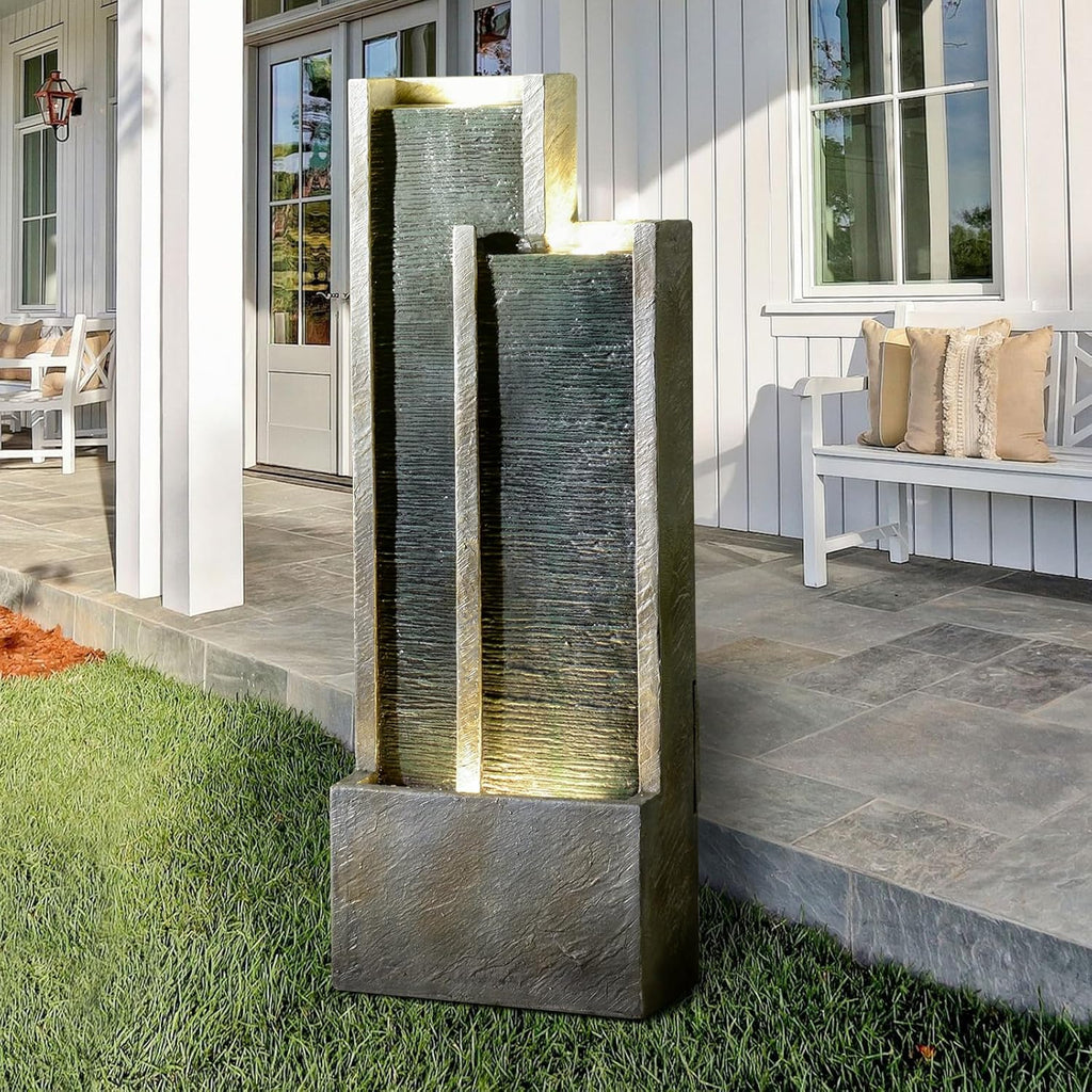 Modern Tiered Waterfall Fountain with Lights - Indoor Rectangular Water Feature - 35.4"H Waterfall Fountains Decor