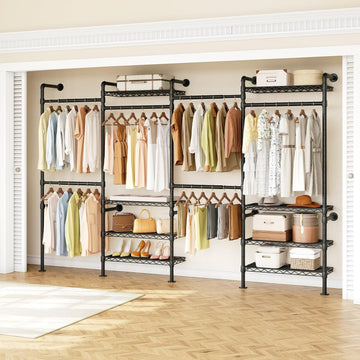 H4 Wall Mounted Closet System, Expandable Industrial Pipe Clothes Rack Clothing Rack for Hanging Clothes, Heavy Duty