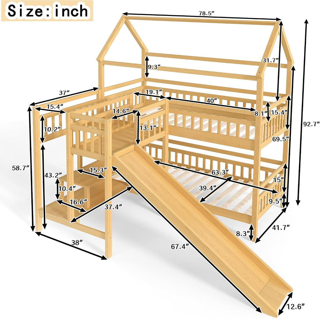 Twin over Twin Bunk Bed with Playhouse Design Roof, House Bunk Beds with Storage Stairs & Slide, Wood Bunkbed for Kids