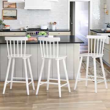Windsor Wooden Bar Stools Set of 3 Island, Farmhouse 24 Inch Counter Height Stools Chairs with Spindle Back, White