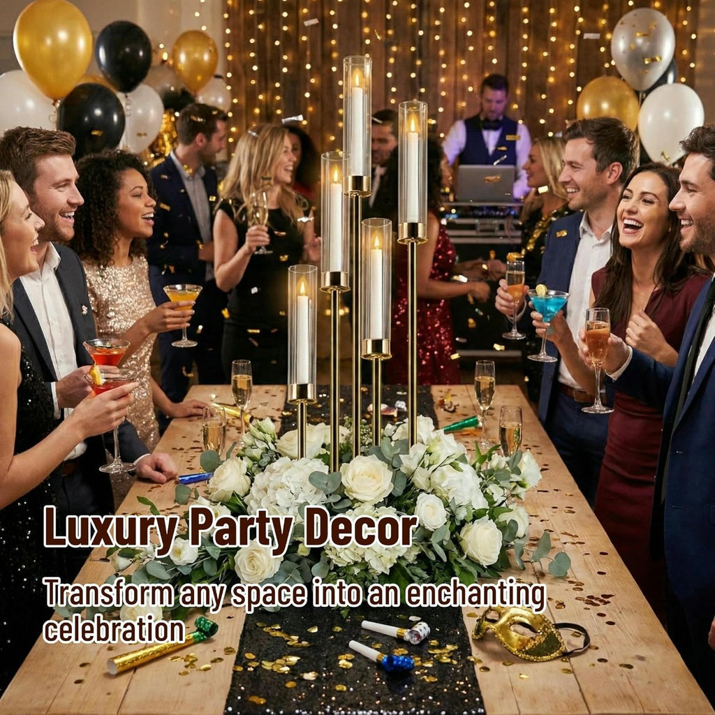 Gold Candelabra with Glass Cylinders for Real Candles 5 Arms Metal Candle Holder Wedding Event Party Home Decoration
