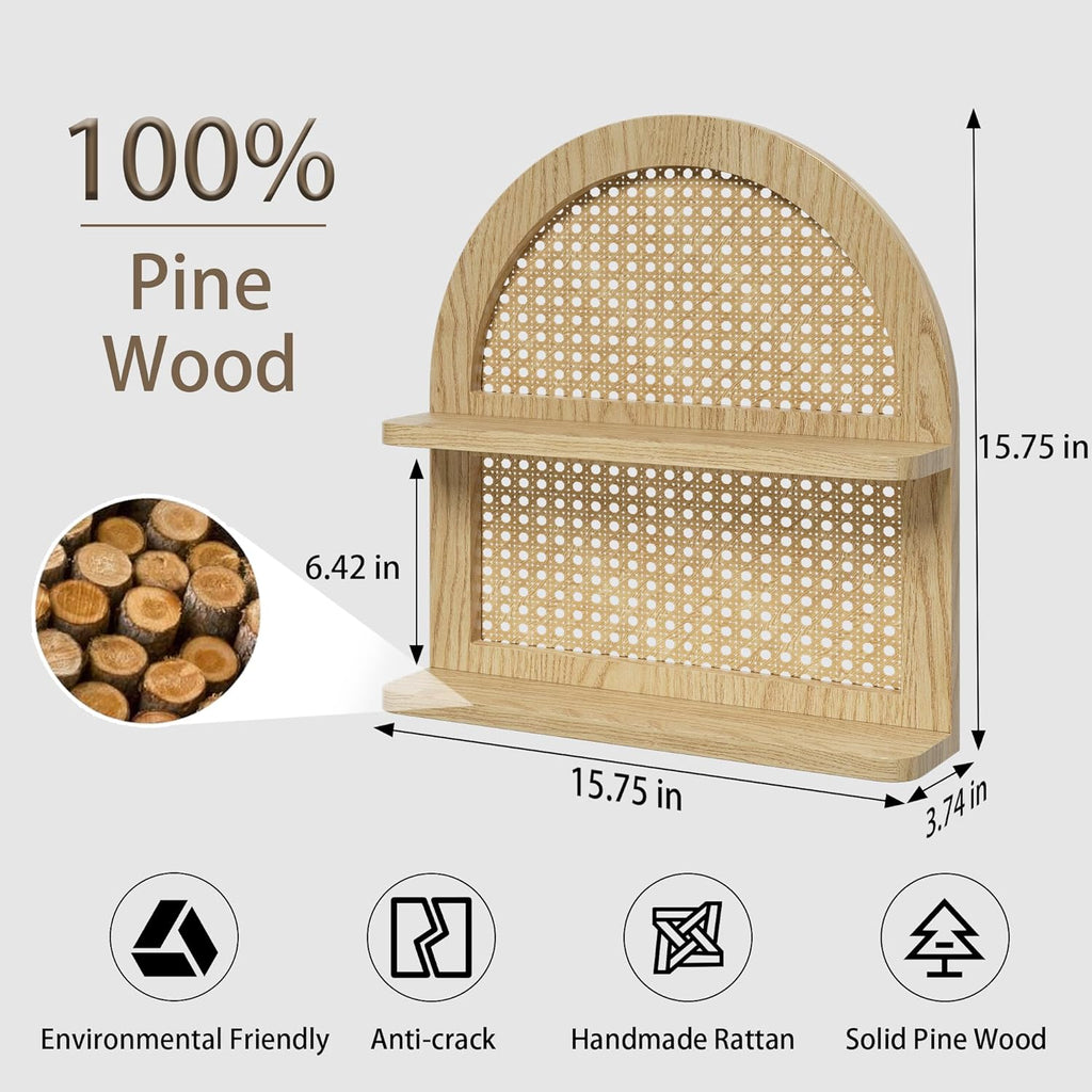 Wood Boho Rattan Wall Shelf - 2-Tier Arched Wicker Floating Shelf Natural Wood New Boho Shelf, Rustic Farmhouse