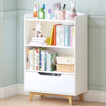 Kids Bookshelf, Children Bookcases with Drawer, Toy Storage Organizer | Corner Book Shelf for Kids Rooms, Solid Wood