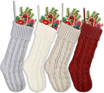 S - 4 Pack Cable Knit Family Christmas Stockings, Large Trdaitional Knitted Holiday Stockings, Tree Decor - Set of 4