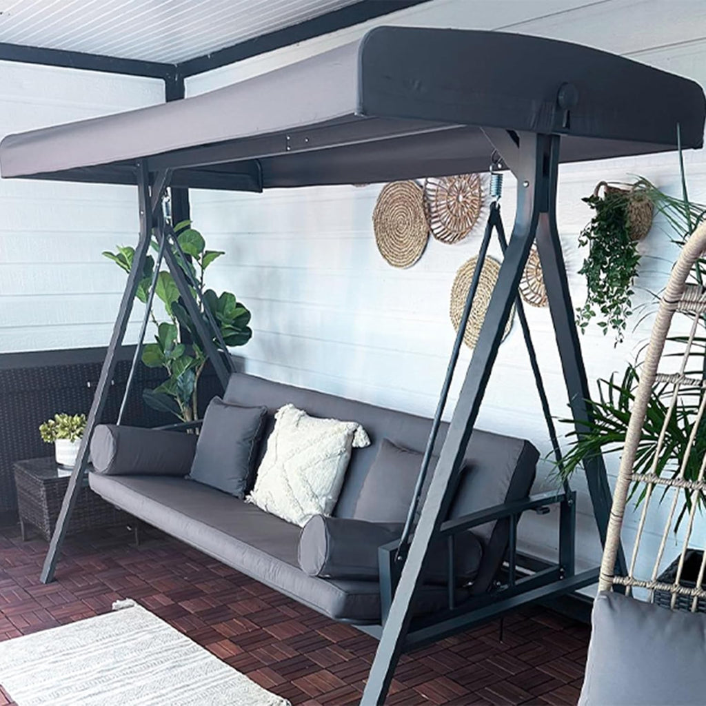 Swing Bed Outdoor Swing 3-Seat Aluminum Adjustable Canopy, Gray | Convertible Swing Bed, Heavy Duty for Adults
