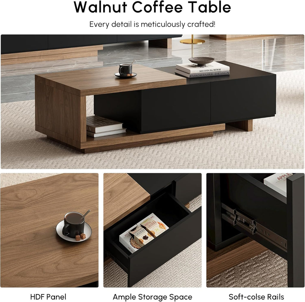 Extendable Coffee Table, 47"-69" Expandable Walnut Coffee Table with 2 Drawers