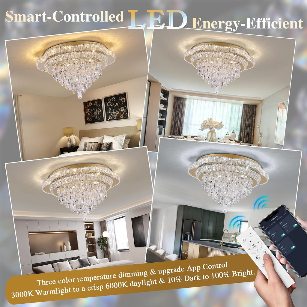 24 inch Crystal Chandeliers With Remote and APP Control, Modern Luxury Flush Mount Gold Ceiling Light, 3CCT Dimmable