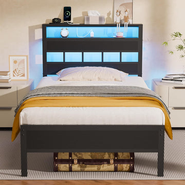 Twin Bed Frames with Charging Station and LED Lights, Twin Platform Bed with Metal Slats