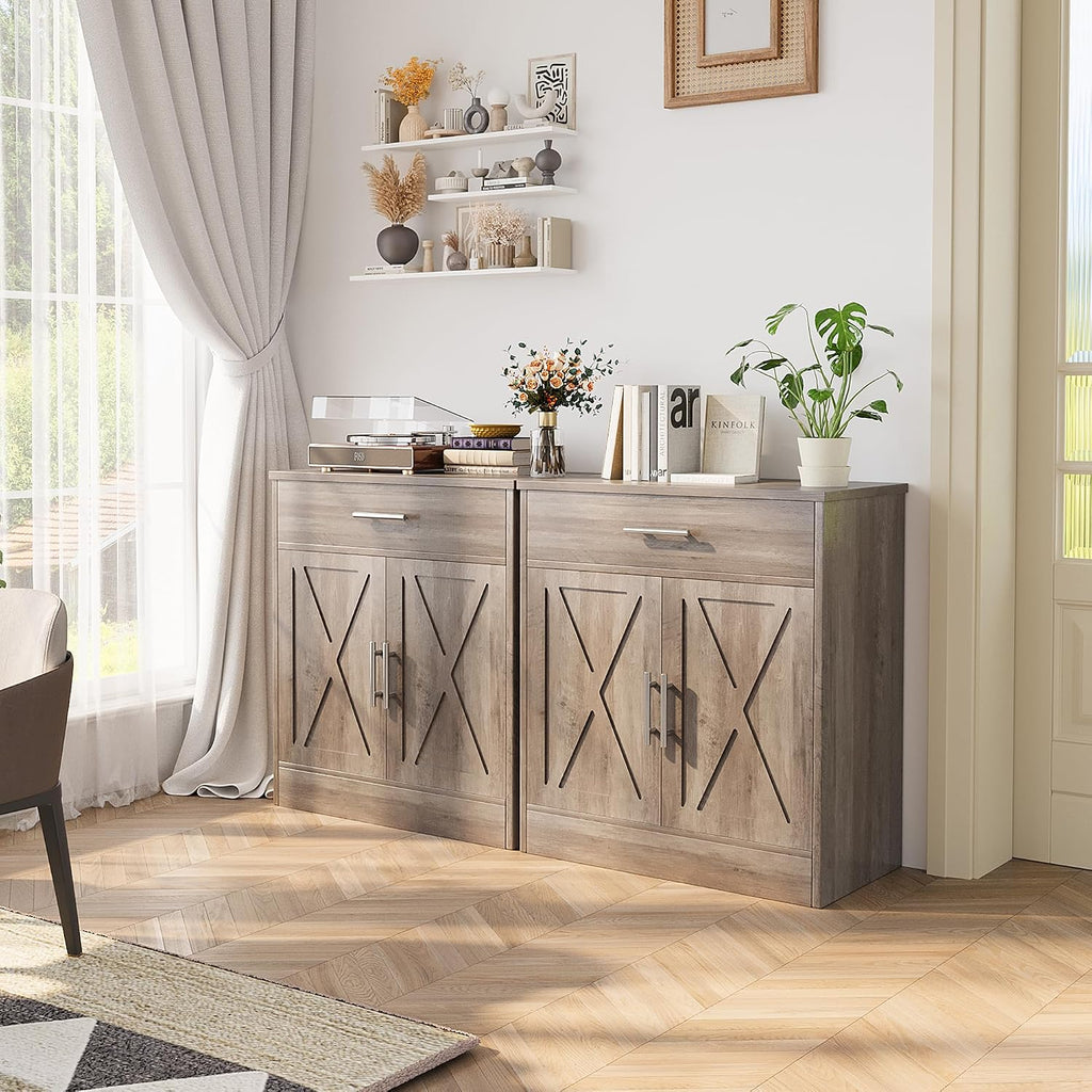 Farmhouse Storage Cabinets with Doors and Shelves,Kitchen Barn Door Storage Cabinet with Drawers,Coffee Bar Cabinet