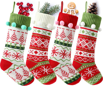 4 Pcs 20" Christmas Stocking with Pompoms Large Knit Xmas Decor