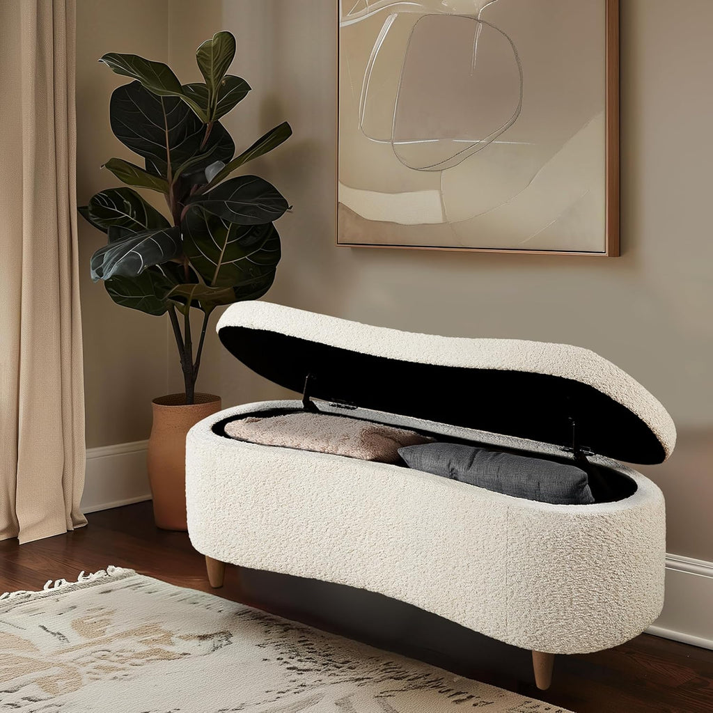 Boucle-Style Curved Storage Accent Bench