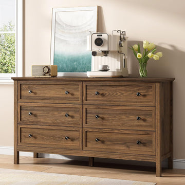 55'' Walnut Dresser with 6 Drawers , Wood Dresser Natural Modern Chest of Drawer with Handles Solid Wood Legs, Large