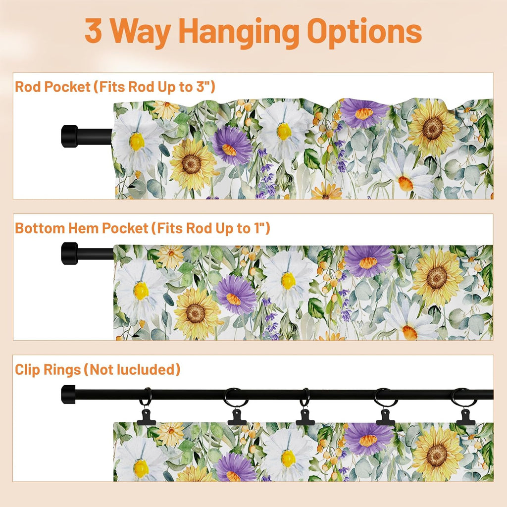 Spring Wildflower Flower Valance for Windows,Window Treatment Curtains Rod Pocket Sheer Small Short Valance