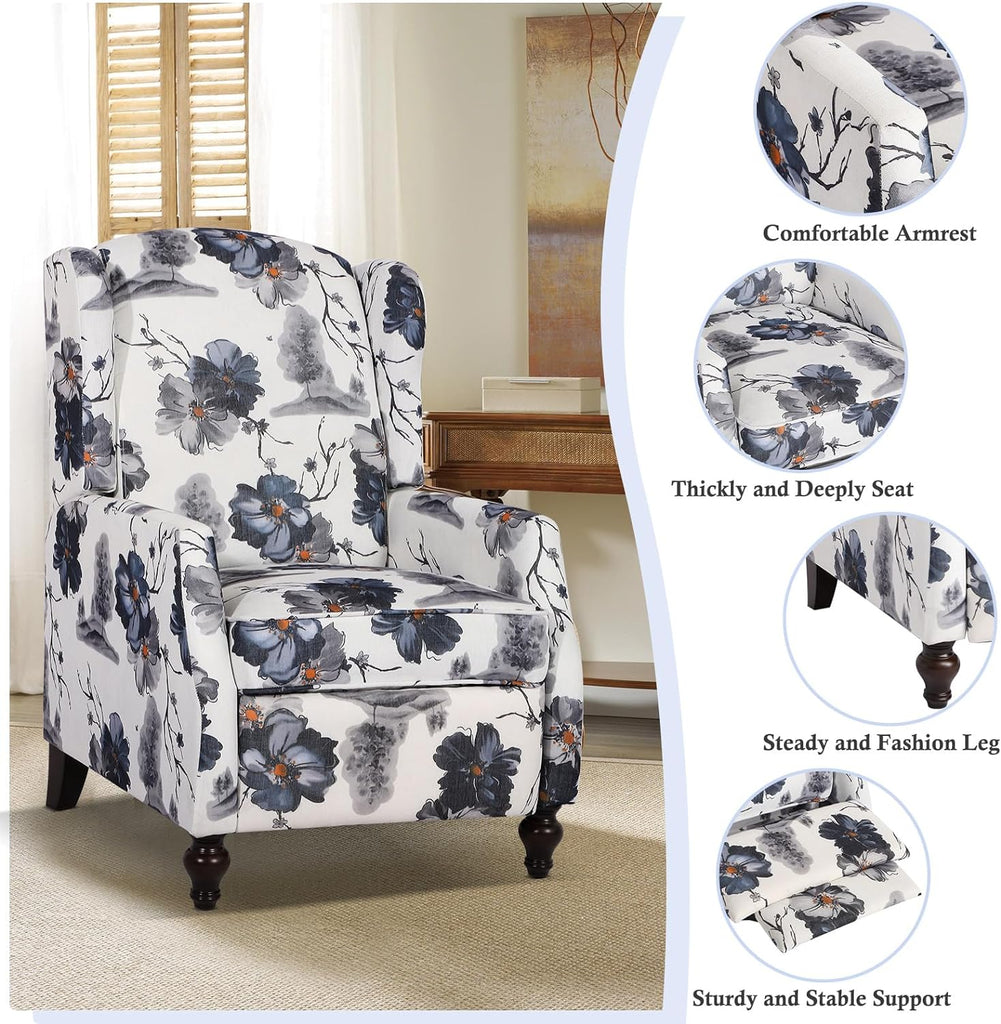 Wingback Recliner Chair - Tufted Arm Chair Recliner - Fabric Push Back Single Sofa Adjustable Backrest (Blue Floral)