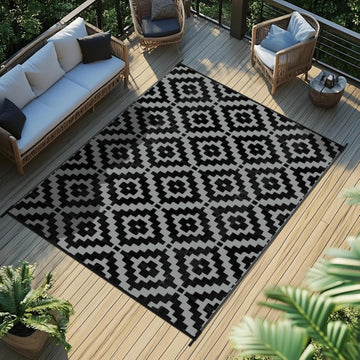 Outdoor Rug Black & Grey Waterproof Reversible Carpet Mat
