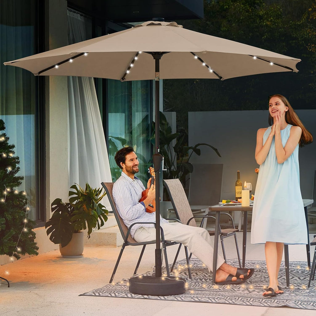 9FT Outdoor Patio Umbrella with Solar Lights, LED Lighted Pool Umbrella with Tilt and Crank - Beige