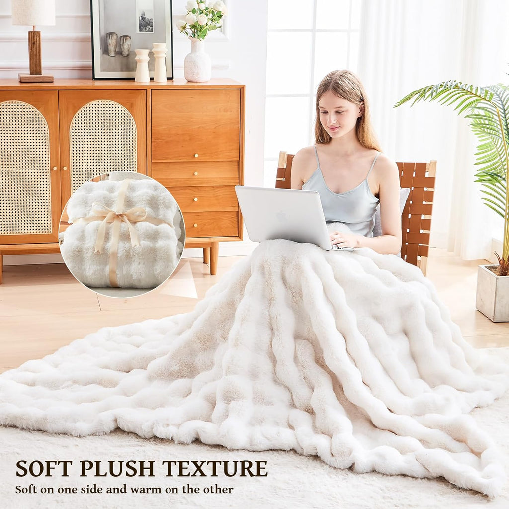 Faux Fur Throw Blanket, 1000 GSM Cozy Fuzzy Fluffy Soft Plush Thick Bubble Blanket, Mothers Day Birthday Gifts for