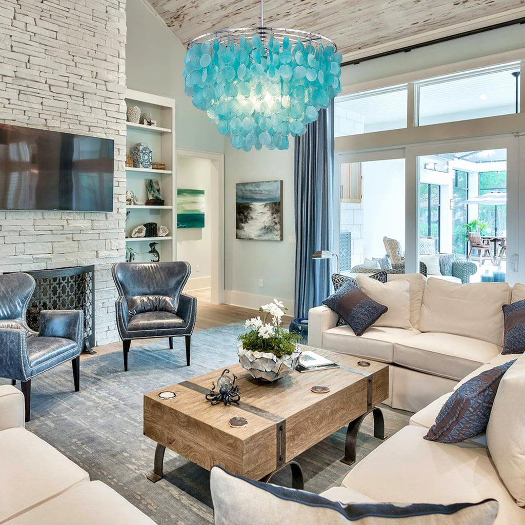 Capiz Shell Chandelier, Blue Shell Coastal Chandelier Light Fixture