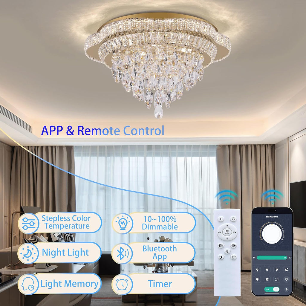 24 inch Crystal Chandeliers With Remote and APP Control, Modern Luxury Flush Mount Gold Ceiling Light, 3CCT Dimmable