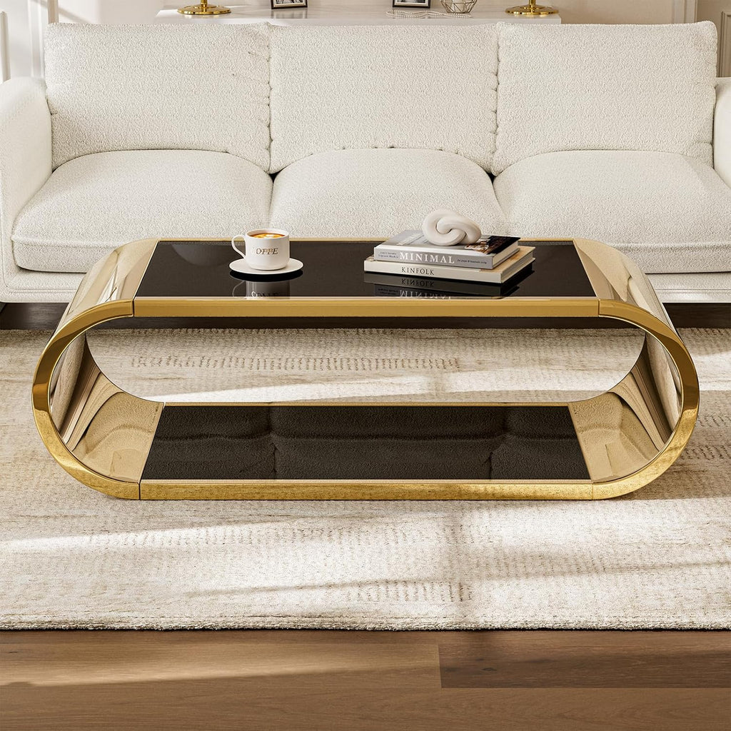 Gold Stainless with Glass Coffee Table, Modern Coffee Table, 2-Tier Glass Top with Large Space Fashion Design