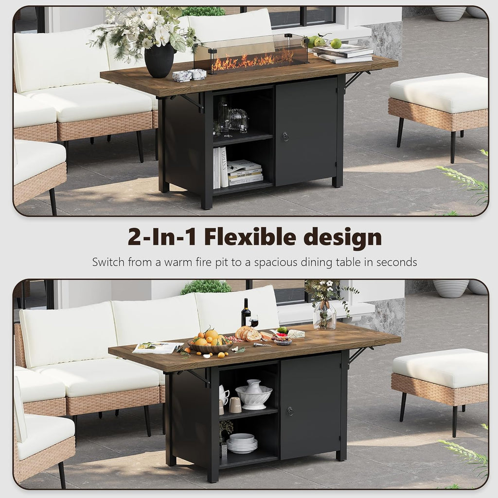 55" Propane Fire Pit Table,50000btu Gas Fire Pit Table with Brown Windshield & Lava Rock,2 in 1 Foldable Expansion