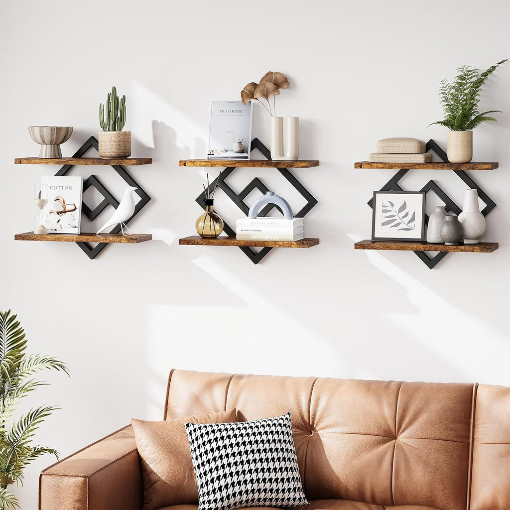 Floating Shelves for Wall, Set of 3 Hanging Shelves, Rustic Brown | 2-Tier Wall Mounted Storage Shelves for Decor