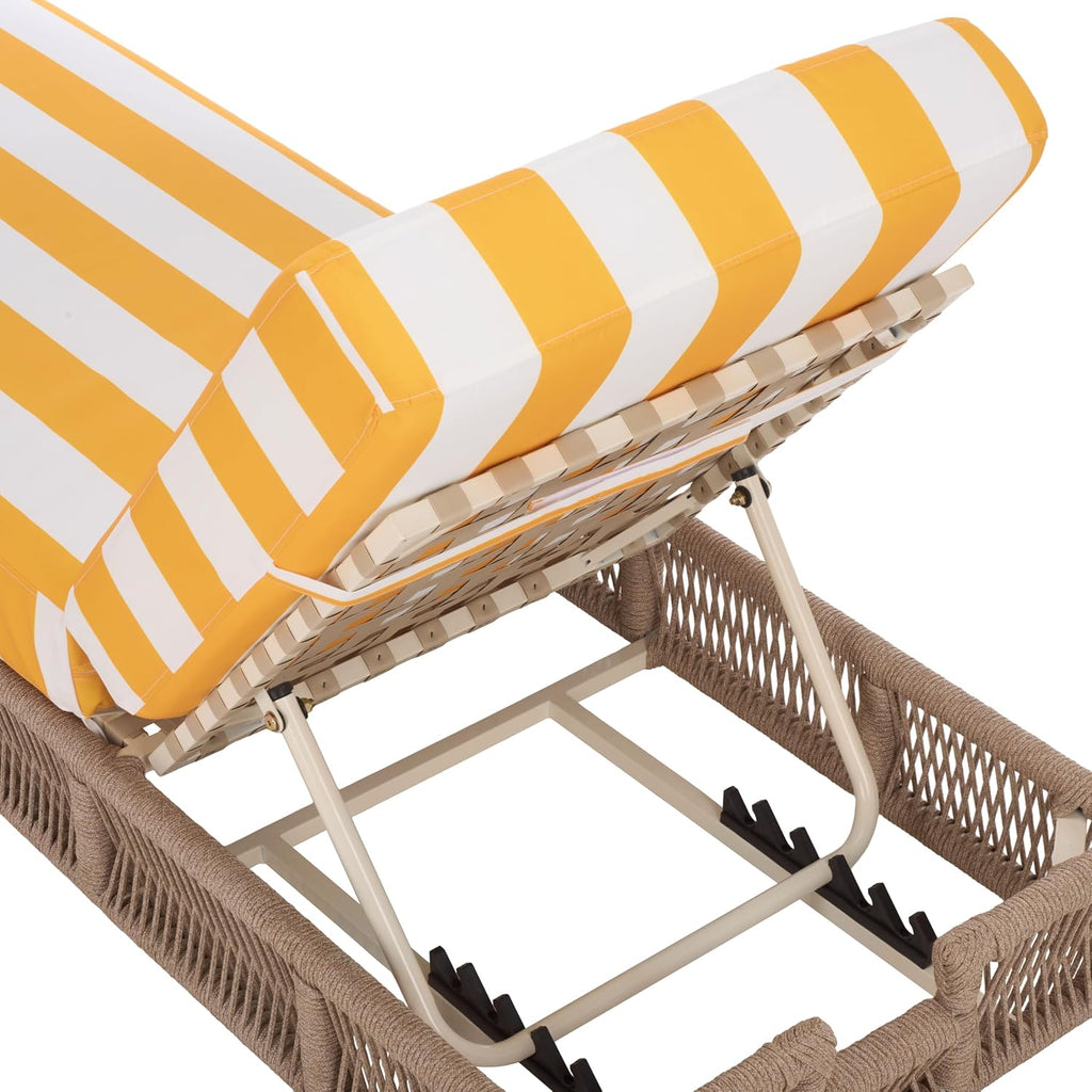 Outdoor Chaise Lounge Chair - Heather Tan & Yellow Stripe - Steel and Woven Rope - Adjustable 5-Position