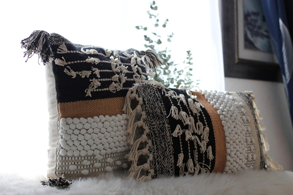 Decorative Boho-Chic Premium Pillow Cover 12x20 Handwoven Tufted Cotton Lumbar Accent Pillows, Neutral Earthly Color