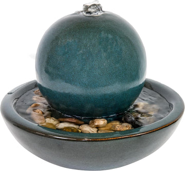Tabletop Ceramic Tabletop Fountain with Orb - Relaxing Indoor Fountain for Meditation - Teal