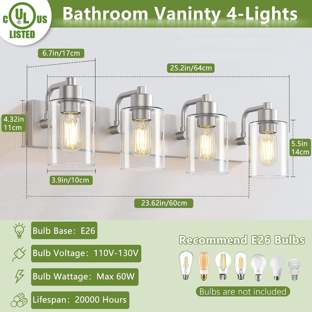 Brushed Nickel Bathroom Light Fixtures, Wall Mounted 4-Light Bathroom Lights Over Mirror with Clear Glass Shade,Wall