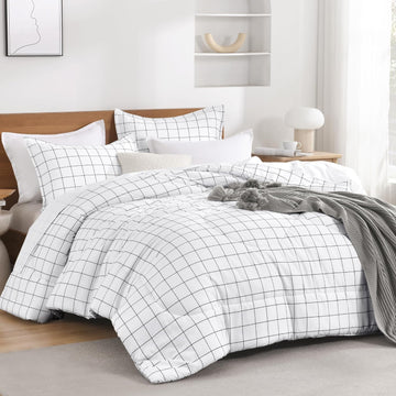 Comforter Sets, White Gingham Plaid Grid Checkered Bedding Comforter Set for Teens Boys Girls Kids, 3 Pieces
