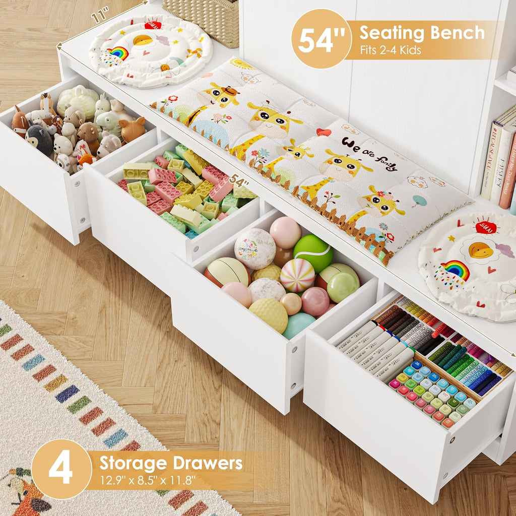 54" W Kids Bookshelf and Toy Storage Organizer Cabinet w/Reading Nook Bench | Kids Bookcase with 10 Storage Cubes & 4