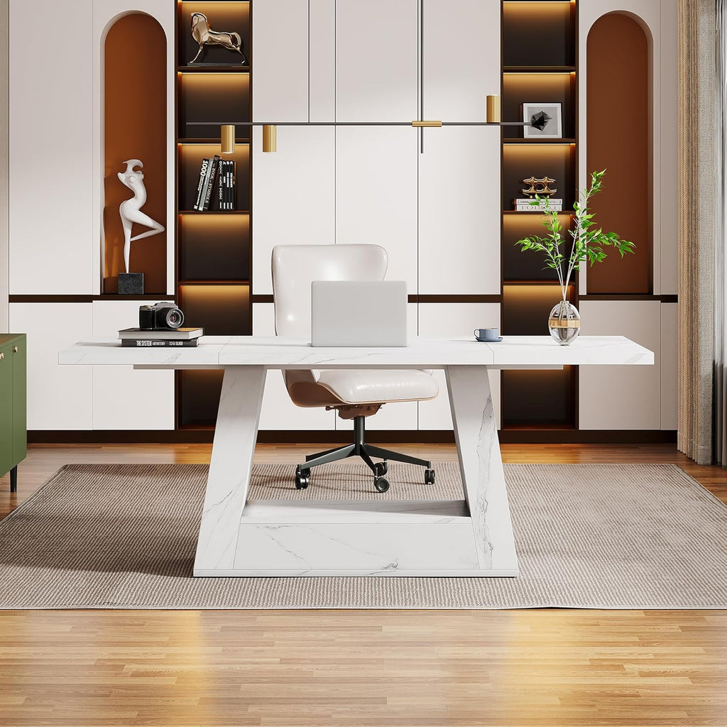 Modern Computer Desk, 63-Inch Large Office Desk Workstation, Simple Style Executive Desk Study Table with Sturdy Base