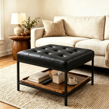 Square Ottoman Coffee Table with Storage Bench, Black Faux Leather